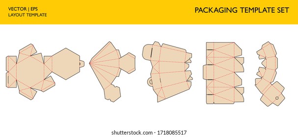 Retail box template set. Editable blueprint packaging layout. Cutting and scoring lines. Retail packaging with different shape. Mockups technical drawing. 