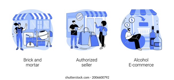 Retail Business Abstract Concept Vector Illustration Set. Brick And Mortar, Authorized Seller, Alcohol E-commerce, Manufacture License, Commercial Partnership, Liquor Store, Grocery Abstract Metaphor.