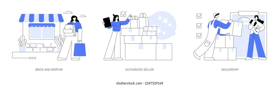 Retail business abstract concept vector illustration set. Brick and mortar, authorized seller, dealership, local rental shop, official retailer, brand representative, partnership abstract metaphor.