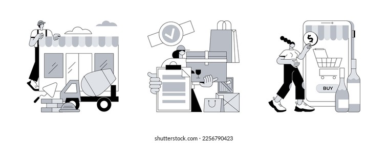 Retail business abstract concept vector illustration set. Brick and mortar, authorized seller, alcohol E-commerce, manufacture license, commercial partnership, liquor store, grocery abstract metaphor.