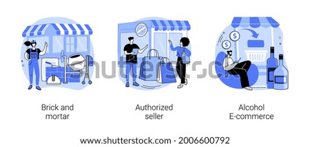 Vector Retail business abstract concept vector illustration set. Brick and mortar, authorized seller, alcohol E-commerce, manufacture license, commercial partnership, liquor store, grocery abstract metaphor.