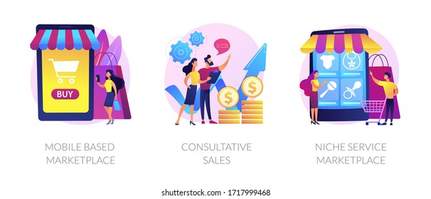 Retail business cartoon icons set. Online shop smartphone app. Mobile based marketplace, consultative sales, niche service marketplace metaphors. Vector isolated concept metaphor illustrations