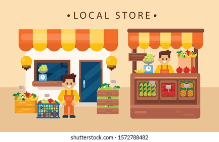 Retail business concept, local fruits product with shopkeeper, store front. flat vector illustration
