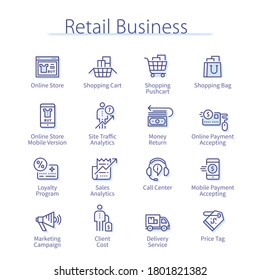 Retail business concept. Shop sales analytics, purchase in shopping cart, buying service, e-commerce, online mobile phone payment thin line icons set. Marketing isolated linear vector illustrations