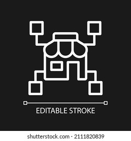 Retail business data mining white linear pixel perfect icon for dark theme. Thin line customizable illustration. Isolated vector contour symbol for night mode. Editable stroke. Arial font used