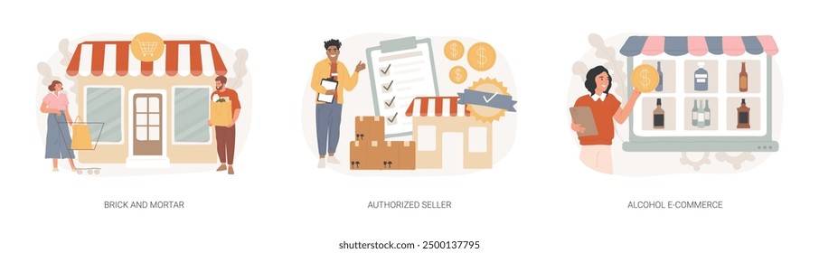 Retail business isolated concept vector illustration set. Brick and mortar, authorized seller, alcohol E-commerce, manufacture license, commercial partnership, liquor store, grocery vector concept.