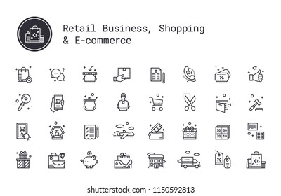 Retail business, shopping, e-commerce thin line icons. On-line shop, commerce, goods and money pictograms. Auction, airmail, courier delivery, sale coupon, wish list, delivery track, cash back service