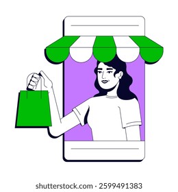 Retail business vector illustration concept. Commerce, shopping. Purchase, sale. Woman from smartphone screen holding shopping bag stylized cartoon character isolated on white. Flat 2D line art