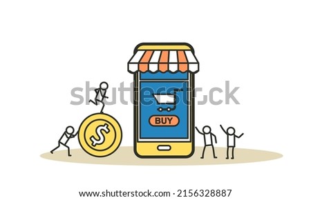 Retail buying vector display smart product illustration shopping store. People buy store bag shop market. Commerce business purchase concept. Consumerism with phone supermarket basket. Banking mobile