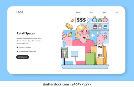 Retail cashier workplace. Blonde woman efficiently processes purchases, as floating coins indicate financial fluency. A digital touch amid vibrant retail ambiance. Flat vector illustration