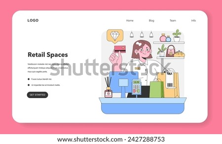 Retail Checkout Experience. Friendly cashier at a store counter, processing a credit card payment amid a backdrop of varied merchandise. Efficient transaction under ambient store lights. Flat vector