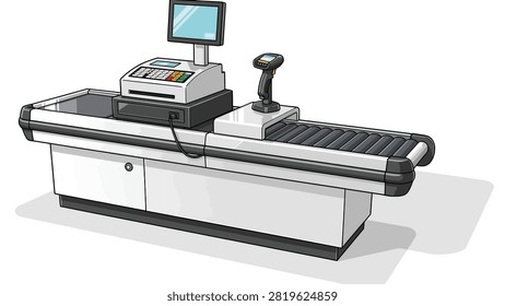 A retail checkout station features a white counter with a black roller conveyor belt and an attached barcode scanner. The setup includes a monitor, keypad, and cash drawer, shown from a three-quarter perspective on a transparent background.