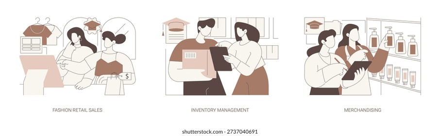 Retail college isolated cartoon vector illustrations set. Fashion sales degree, student having practice under supervision, store inventory management, study merchandising, education vector cartoon.