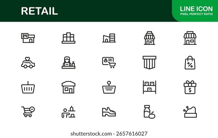 Retail Commerce Essentials Modern Line Icon Set - Symbole für Shopping, Schaufenster, POS, Rabatte, Lieferung, Loyalität, Warenkorb, Barcode, Zahlung und E-Commerce