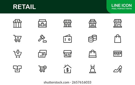 Retail Commerce Essentials Modern Line Icon Set - Símbolos para Compras, Vitrines, POS, Descontos, Entrega, Lealdade, Carrinho, Código de Barras, Pagamento e Comércio Eletrônico