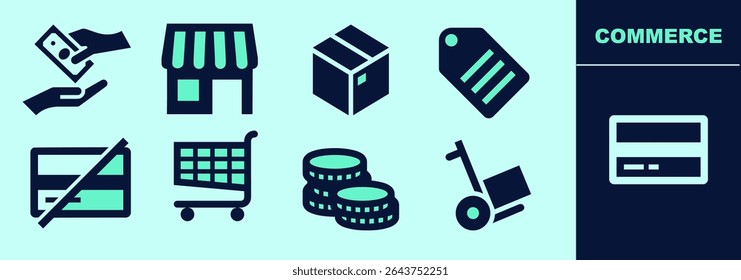Retail and commerce icon set with boutique, handing notes, label, closed box, shopping cart, coins, credit card, trolley. Editable elements, size and color.