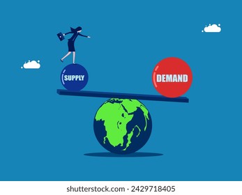 Retail concept. Businesswoman on seesaw, balance of supply and demand in the world 