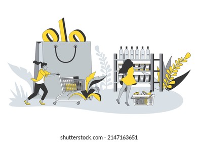Retail concept in flat line design. People buy food in supermarket. Women with basket or trolley choose goods on shelves and buy at discount prices. Vector illustration with outline scene for web