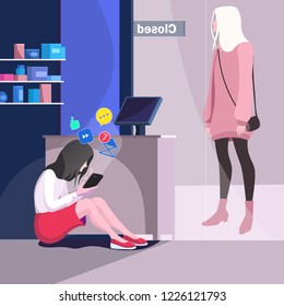 Retail concept vector modern illustration. The seller is hiding behind the counter busy with the internet. The visitor is surprised why the store is closed.