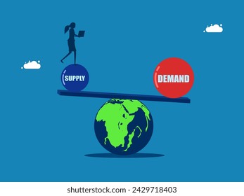 Retail concept. woman on seesaw, balance of supply and demand in the world 