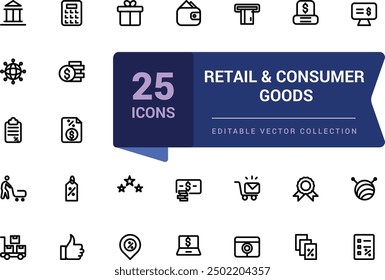 Conjunto de iconos de comercio minorista y bienes de consumo. Relacionado con la Mercancía, minoristas, industrial, bienes. Pixel perfecto, Web minimalista e icono de interfaz de usuario, colecciones de iconos de contorno.