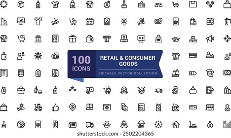 Conjunto de iconos de comercio minorista y bienes de consumo. Relacionado con la Mercancía, minoristas, industrial, bienes. Pixel perfecto, Web minimalista e icono de interfaz de usuario, colecciones de iconos de contorno.