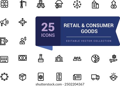 Conjunto de iconos de comercio minorista y bienes de consumo. Relacionado con la Mercancía, minoristas, industrial, bienes. Pixel perfecto, Web minimalista e icono de interfaz de usuario, colecciones de iconos de contorno.