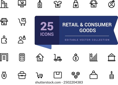 Conjunto de iconos de comercio minorista y bienes de consumo. Relacionado con la Mercancía, minoristas, industrial, bienes. Pixel perfecto, Web minimalista e icono de interfaz de usuario, colecciones de iconos de contorno.