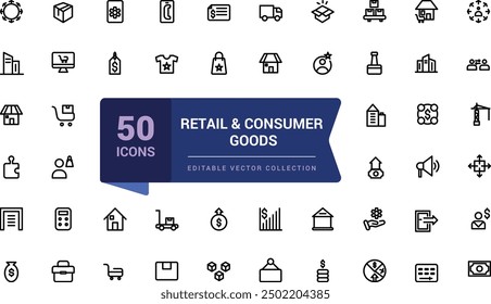 Conjunto de iconos de comercio minorista y bienes de consumo. Relacionado con la Mercancía, minoristas, industrial, bienes. Pixel perfecto, Web minimalista e icono de interfaz de usuario, colecciones de iconos de contorno.