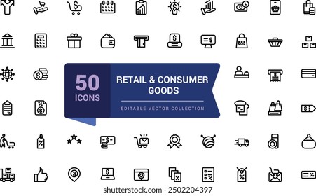 Conjunto de iconos de comercio minorista y bienes de consumo. Relacionado con la Mercancía, minoristas, industrial, bienes. Pixel perfecto, Web minimalista e icono de interfaz de usuario, colecciones de iconos de contorno.