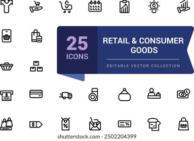 Conjunto de iconos de comercio minorista y bienes de consumo. Relacionado con la Mercancía, minoristas, industrial, bienes. Pixel perfecto, Web minimalista e icono de interfaz de usuario, colecciones de iconos de contorno.