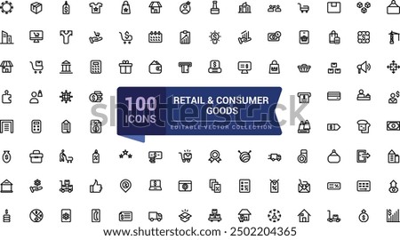 Retail and consumer goods icon set. Related to merchandise, retailers, industrial, goods. Pixel perfect, minimalistic web and UI icon, outline icon collections.