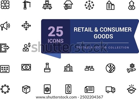 Retail and consumer goods icon set. Related to merchandise, retailers, industrial, goods. Pixel perfect, minimalistic web and UI icon, outline icon collections.