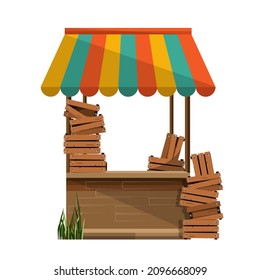 A retail counter with a striped canopy and stacks of empty wooden crates. Vector illustration