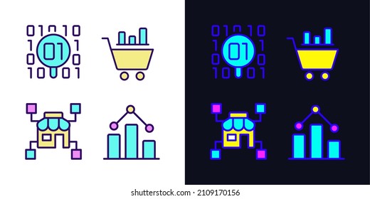 Retail data mining and analytics light and dark theme RGB color pixel perfect icons set. Virtual marketing researching. Digital business tool. Simple filled line drawings pack on white and black space