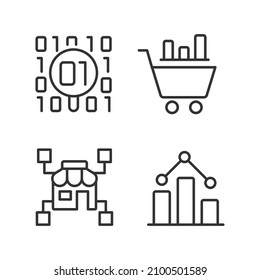 Retail data mining and analytics linear perfect pixel icons set. Virtual marketing researching. Digital business tools. Customizable thin line contour symbols. Isolated vector outline illustrations