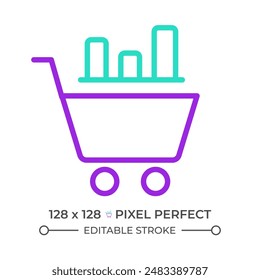 Retail data mining two color line icon. Shopping cart and bar graphs bicolor outline symbol. Consumer behavior analysis. Duotone linear pictogram. Isolated illustration. Editable stroke