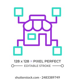 Retail data two color line icon. Store and digital nodes bicolor outline symbol. Technology in retail industry. Market analysis. Duotone linear pictogram. Isolated illustration. Editable stroke