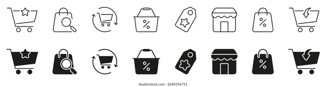 Retail, Discount, And Online Shopping Symbol Collection. Shopping And E-Commerce Icon Set. Shopping Cart, Bag, Tag, And Storefront Icons. Isolated Vector Illustration.