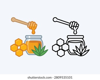 A retail display grouping showcasing a glass honey jar, stacked yellow wax honeycomb blocks, green agave plant leaves, and a floating wooden honey dipper stick.