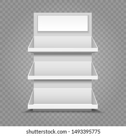 Retail display shelf. Showcase rack, store display vector stand, market retail shelves empty template isolated on transparent background