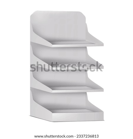 Retail display stand with shelves vector mock-up. Blank white vertical rack realistic mockup. Template for design