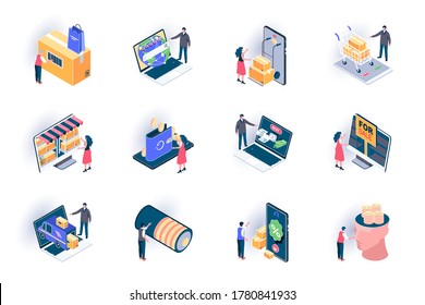 Retail Distribution Isometric Icons Set. Online Order And Purchase Delivery Service Flat Vector Illustration. Internet Shopping And Credit Card Payment 3d Isometry Pictograms With People Characters.