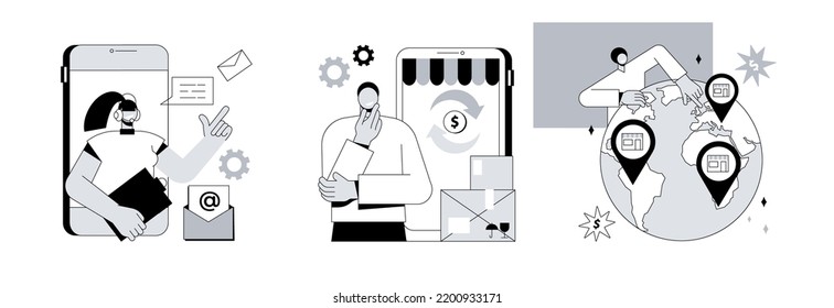 Retail Ecommerce Abstract Concept Vector Illustration Set. Custom Service, Returns And Refunds, Franchising, Website Live Chat, User Experience, Product And Service, Trademark Abstract Metaphor.