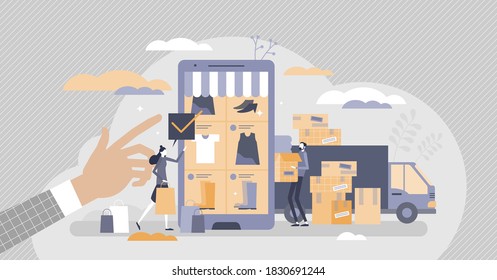 Retail e-commerce shop with warehouse packaging process tiny person concept. Fulfillment center packaging behind online store and product purchases vector illustration. Delivery and distribution scene