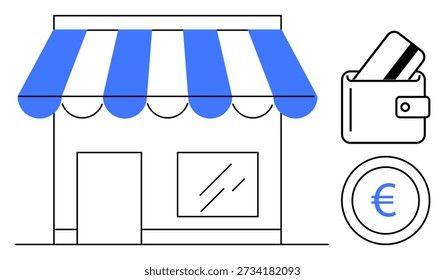 Retail, e-commerce, small business, digital payments, shopping, financial solutions. Blue striped storefront with a wallet holding cards and a euro symbol. Retail and e-commerce concept