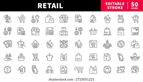Conjunto de ícones de linha editável de varejo. símbolos de compras e comércio