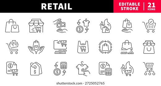 Conjunto de iconos de línea editables al por menor. símbolos de compras y comercio