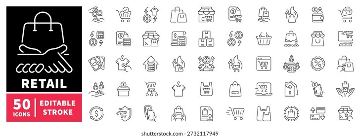 Retail editable line icons set. shopping and commerce symbols in outline style