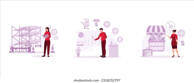 Retail employees record and record goods. Businessman with innovative retail concept via smartphone. Supermarket female employees are promoting products. Trend Modern vector flat illustration.